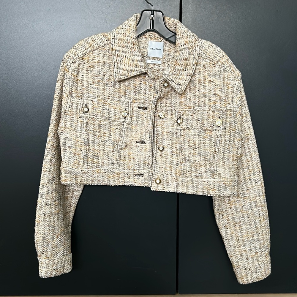 St John Knits Cropped Tweed 5-Pocket Jacket